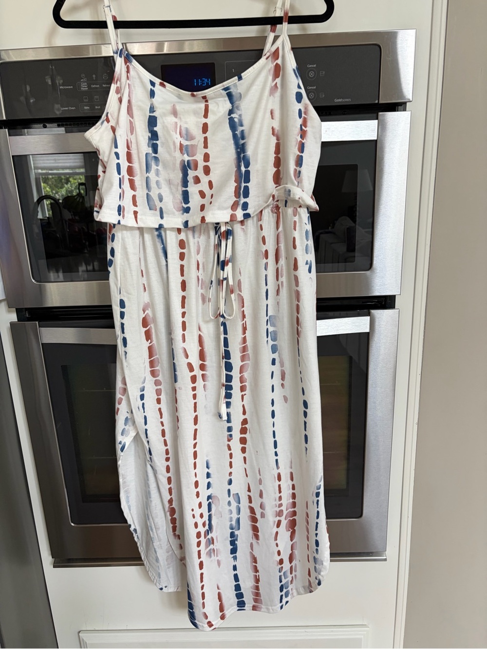 SHEIN White Maxi Dress with Blue & Brown Stripe Dot Print